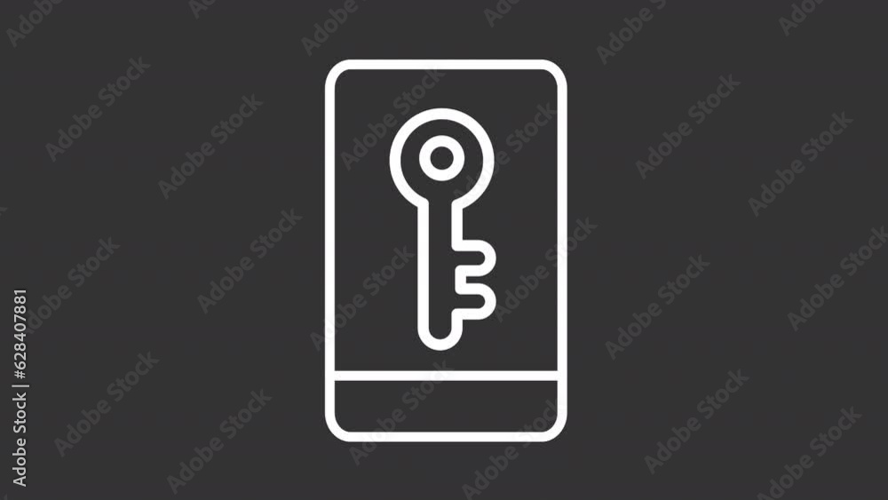 Mobile security white line animation. Phone ringing animated icon. Smartphone key. Screen lock. Access control. Isolated illustration on dark background. Transition alpha video. Motion graphic Mobile security white line animation. Phone ringing animated icon. Smartphone key. Screen lock. Access control. Isolated illustration on dark background. Transition alpha video. Motion graphic