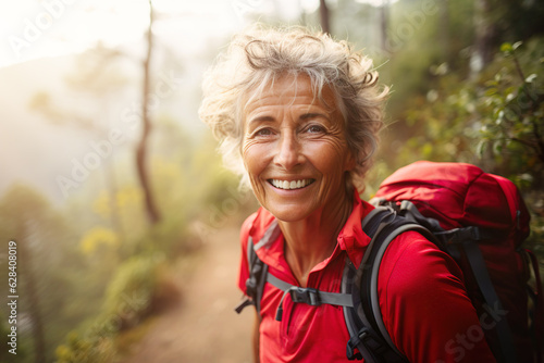 AI generated image of attractive mature senior woman on hiking