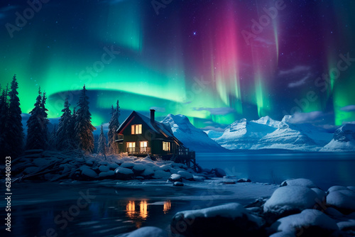 Massive display of northern lights over a cabin covered in snow