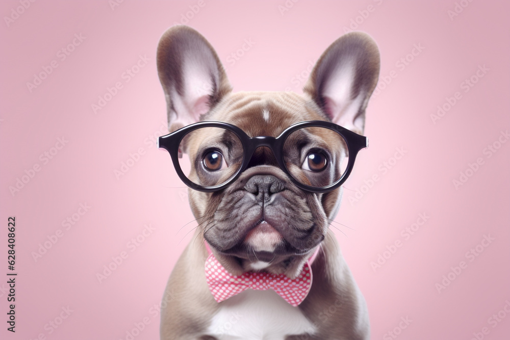 French Bulldog dog with reading glasses on pastel background