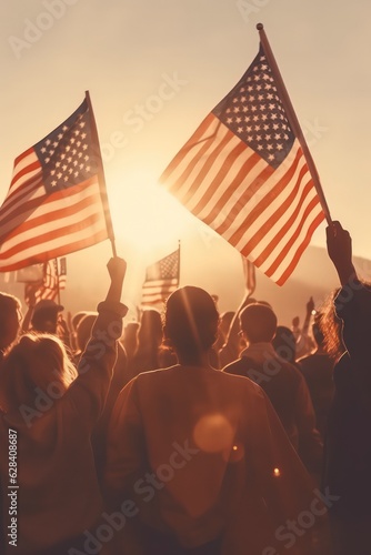 Group of people raising American flags against the sky by Generative AI