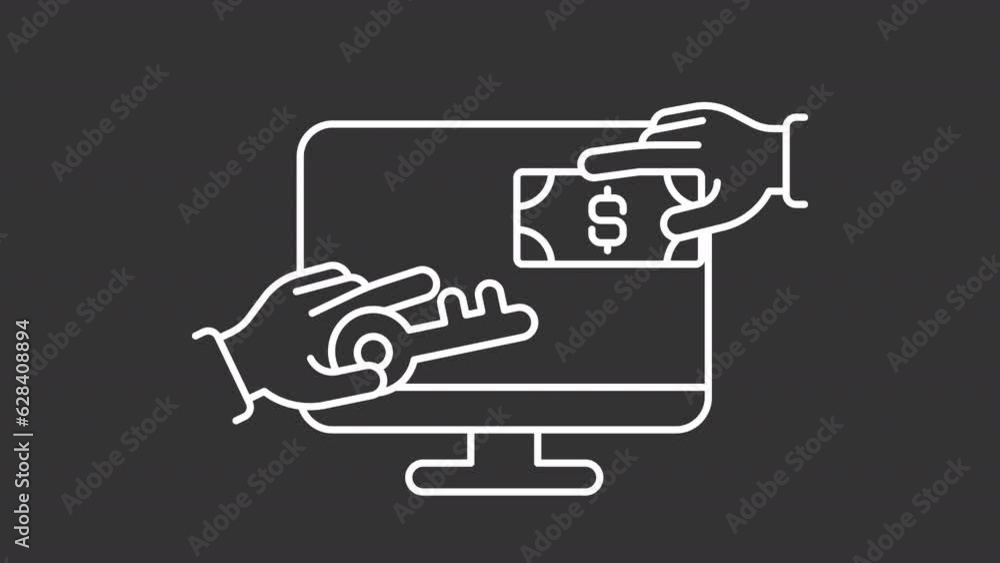 Ransomware white line animation. crawling on screen animated icon. Hands holding out banknote and key. Hacker attack. Isolated illustration on dark background. Transition alpha video. Motion graphic Ransomware white line animation. crawling on screen animated icon. Hands holding out banknote and key. Hacker attack. Isolated illustration on dark background. Transition alpha video. Motion graphic
