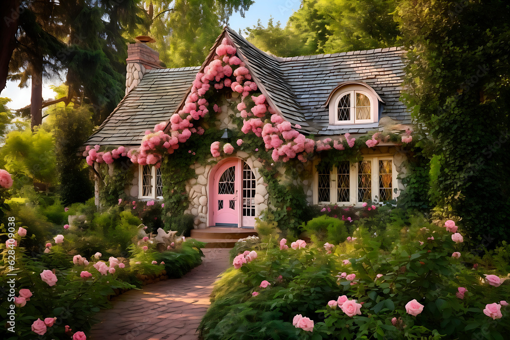 cozy fairy tale pink and white house, ai generated
