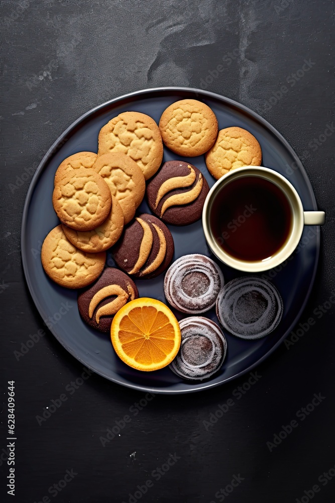 Yummy Cookie Fun Plate with Fresh Baked Treats and Coffee on Concrete easy background Yummy Cookie Fun Plate with Fresh Baked Treats and Coffee on Concrete easy background