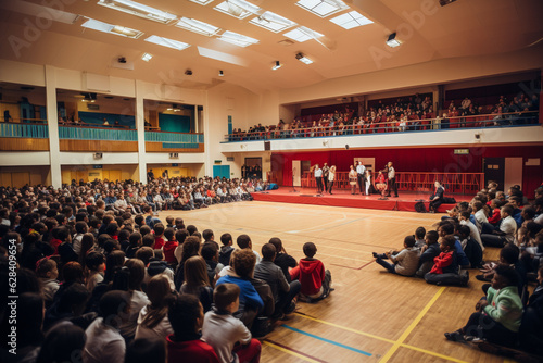 Community and shared experiences - a panoramic view of a school assembly hall during an event