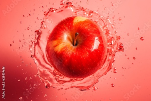 Red Half Apple Splashed with Water on Light Red Background, Emphasizing the Refreshing and Sweet Qualities of this Healthy Fruit