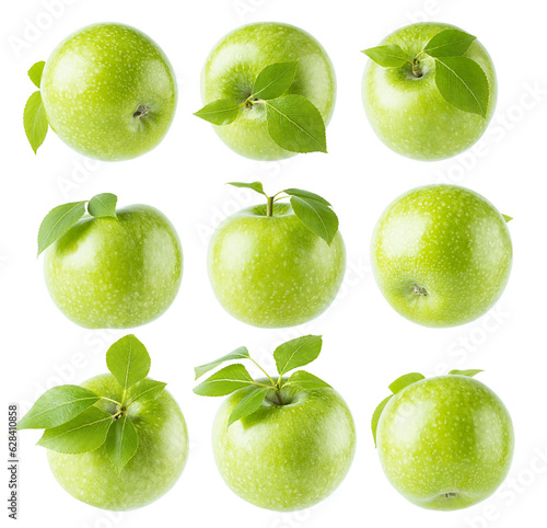 Juicy green apples rich set, whole with green leaves, tails, different sides isolated on white background. Summer fresh natural fruits as design elements.