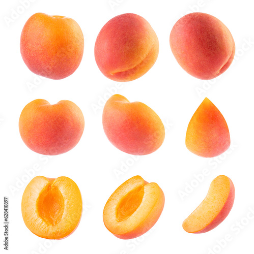 Bright orange apricot with pink side - collection, whole and cut on half, slice, different sides, closeup, details, isolated on white background. Summer fresh natural fruits as design elements.