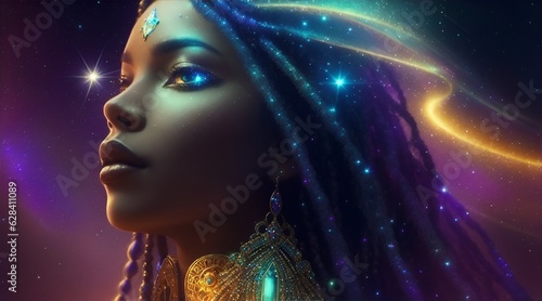 beautifulblack woman with shiny particles in dreadlocks on a background of stars