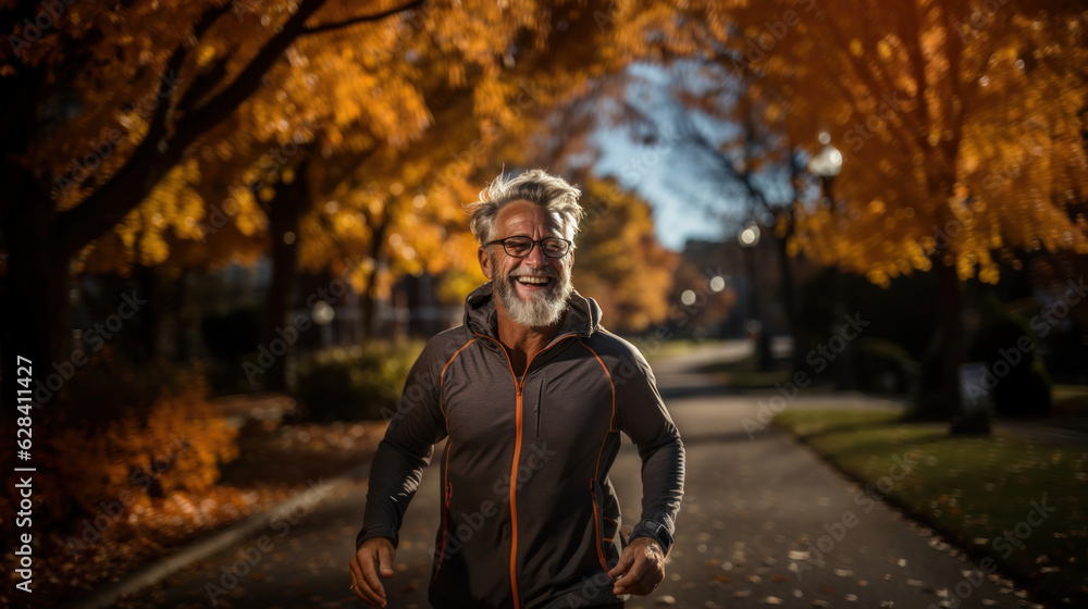 Senior man jogging in the park in autumn. Mature sportsman running with beaming smile on his face enjoying active healthy lifestyle. Senior man jogging in the park in autumn. Mature sportsman running with beaming smile on his face enjoying active healthy lifestyle.
