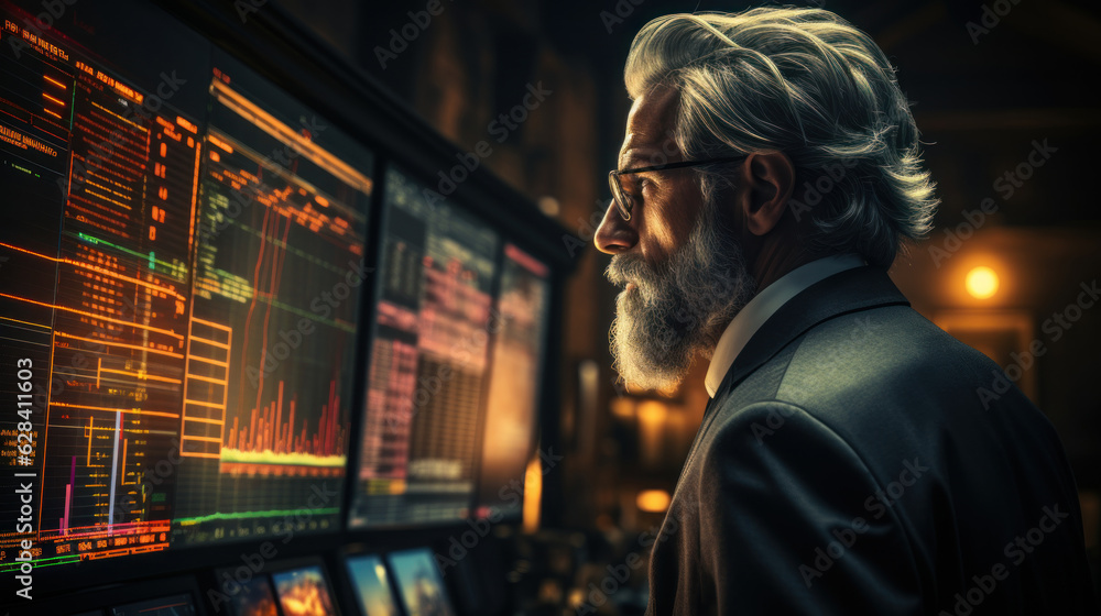 Mature businessman analyzing stock market data on computer screen. Accounting and finance concept. Mature businessman analyzing stock market data on computer screen. Accounting and finance concept.