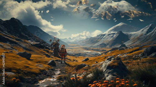 Fantasy landscape with mountains and astronaut on another planet with life.