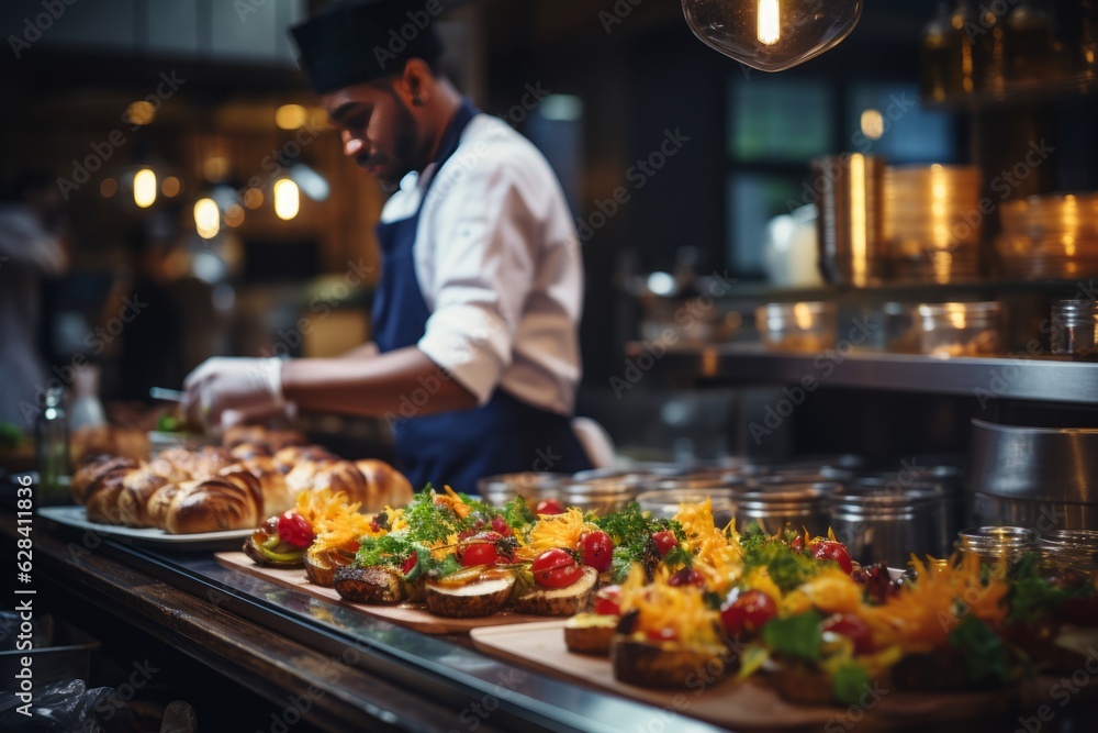 restaurant's ambiance with a bustling background. Diners savoring dishes, chefs passionately cooking, and attentive waiters creating a lively scene Generative ai restaurant's ambiance with a bustling background. Diners savoring dishes, chefs passionately cooking, and attentive waiters creating a lively scene Generative ai