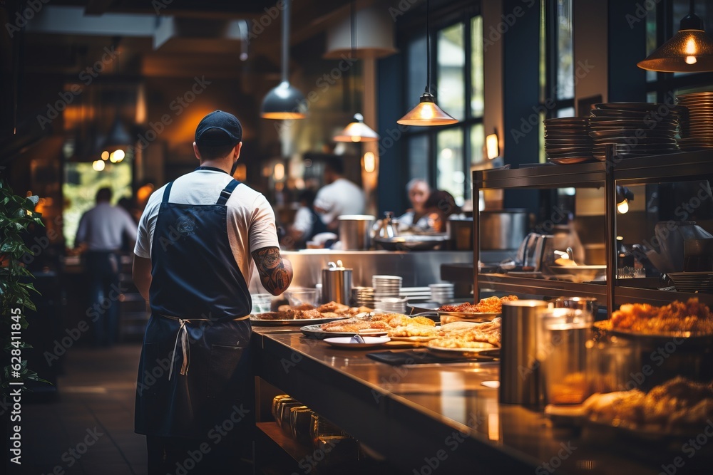 restaurant's ambiance with a bustling background. Diners savoring dishes, chefs passionately cooking, and attentive waiters creating a lively scene Generative ai