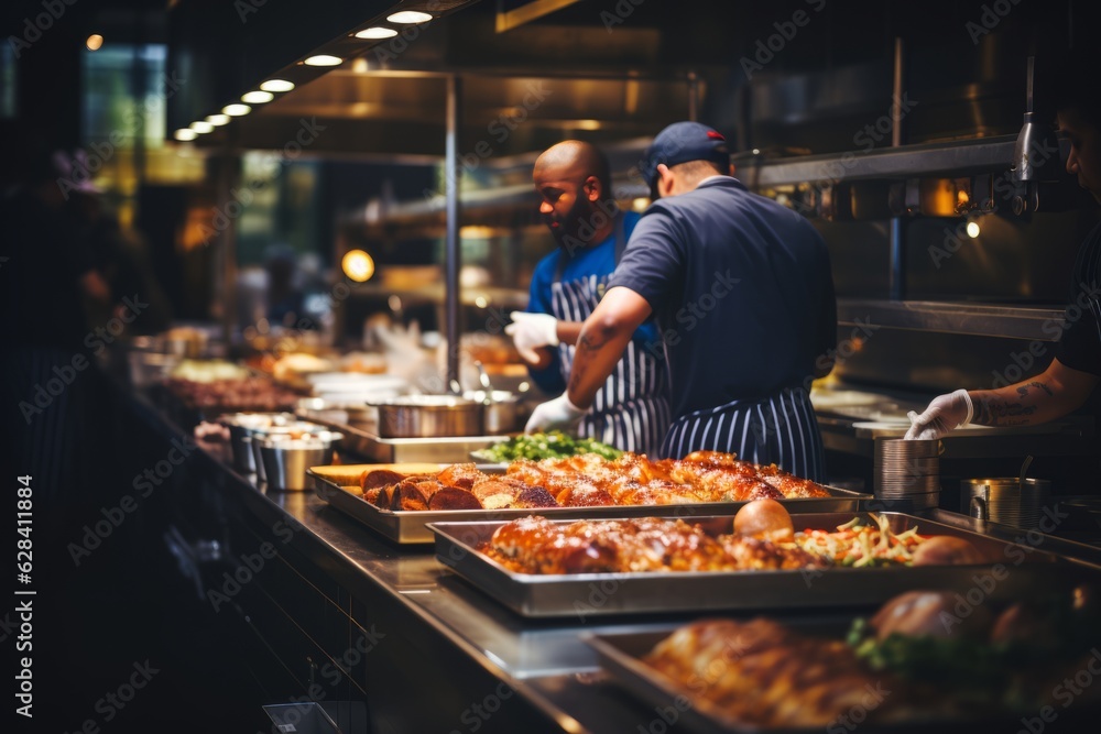 restaurant's ambiance with a bustling background. Diners savoring dishes, chefs passionately cooking, and attentive waiters creating a lively scene Generative ai restaurant's ambiance with a bustling background. Diners savoring dishes, chefs passionately cooking, and attentive waiters creating a lively scene Generative ai