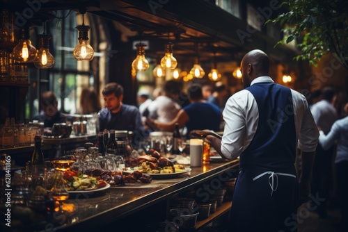restaurant s ambiance with a bustling background. Diners savoring dishes  chefs passionately cooking  and attentive waiters creating a lively scene Generative ai