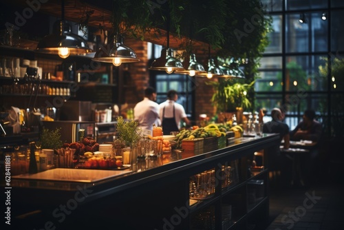 restaurant's ambiance with a bustling background. Diners savoring dishes, chefs passionately cooking, and attentive waiters creating a lively scene Generative ai