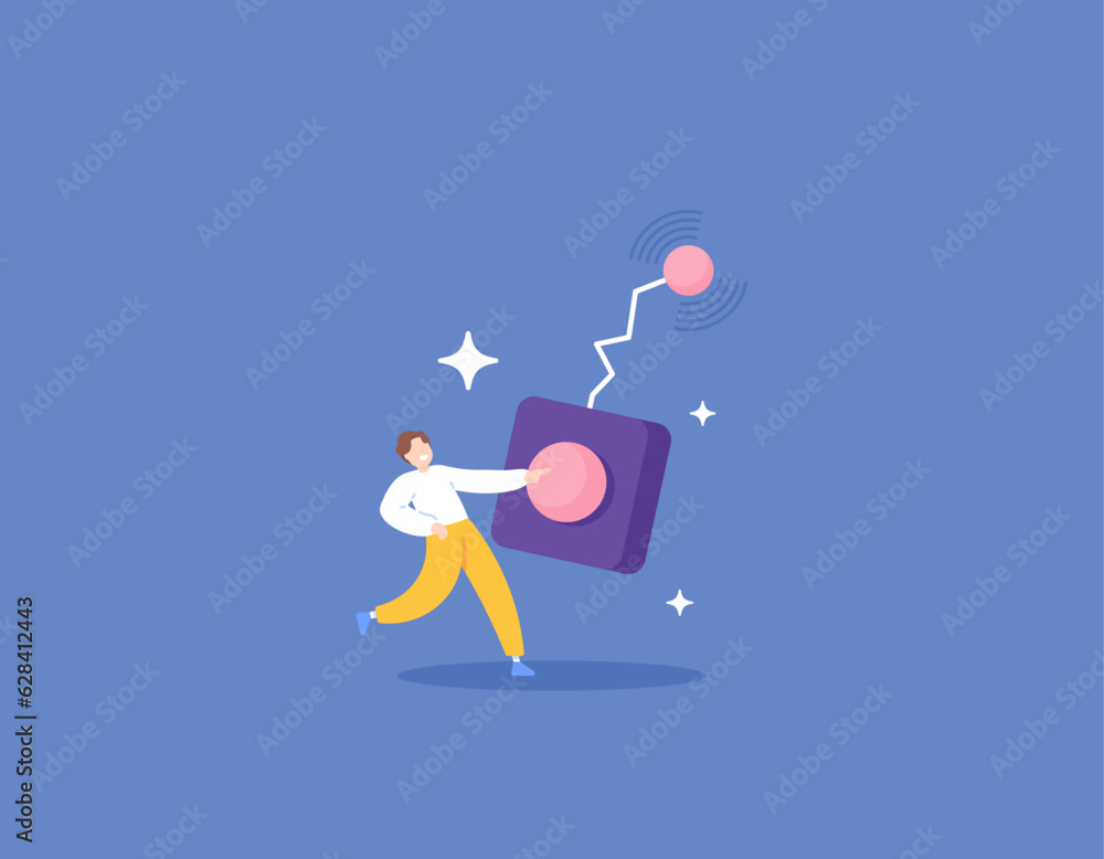 Activator and remote control. A man wants to activate something by pressing the button of a remote. Technology and control theory. illustration concept design. vector elements. blue background Activator and remote control. A man wants to activate something by pressing the button of a remote. Technology and control theory. illustration concept design. vector elements. blue background