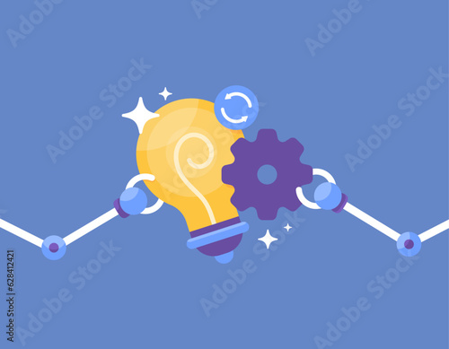 Development of automation system. The robotic hand holds gears and lights. Production activities using robots. industrial automation technology. Industrial Revolution 4.0. illustration concept design