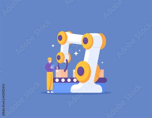Development of automation system. A worker supervises the performance and movement of the robotic arm while operating. Industrial automation technology. Industrial Revolution 4.0. illustration concept