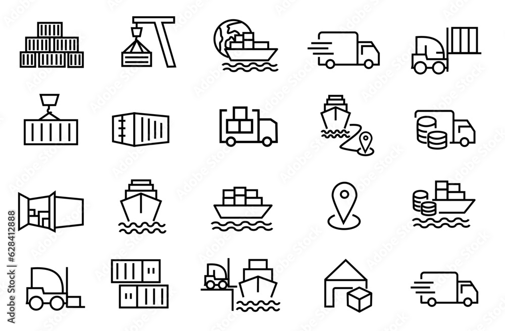 Fototapeta premium Port Logistics Icons set vector. Contains such as Shipping, Ship Loading Process, Truck, Route, Container and more. editable file