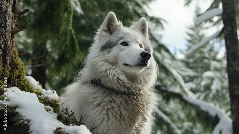 Fototapeta premium Majestic Alaskan Malamute in Snow-Covered Forest