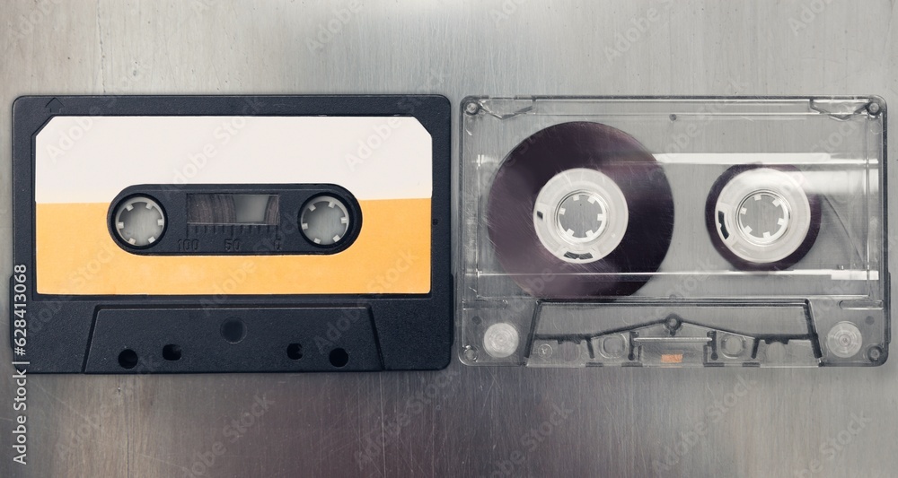 Naklejka premium Old retro cassette tape set on desk