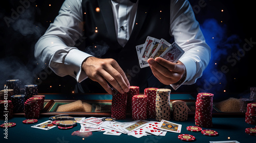poker table with chips  and cards, hands of a croupier.  Casino, poker, poker game concept, investments in the poker club market