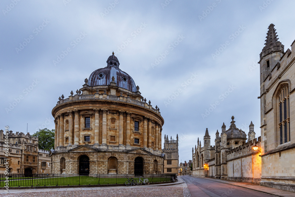 The Radcliffe Camera in Oxford with no people,  early in the morning on a cloudy day.