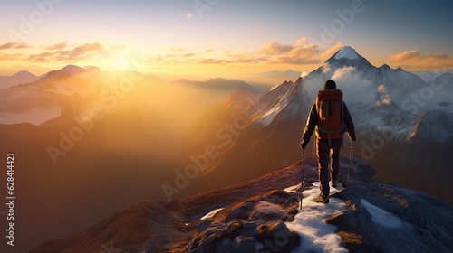 Hiking up mountain peak at sunrise success achieved