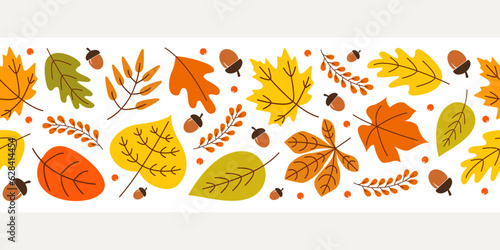 Horizontal seamless background with colorful autumn leaves. Vector illustration.