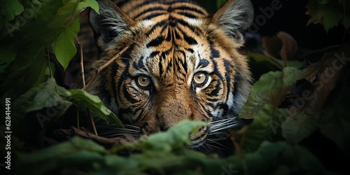  wild tiger is hiding behind the leaves to attack Generative AI © Aekkachai