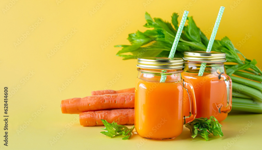 Organic carrot juice with carrots, celery on yellow background. Vegetable smothie in glass jar. Copy space. Summer food concept. Healthy detox eating, alkaline diet Organic carrot juice with carrots, celery on yellow background. Vegetable smothie in glass jar. Copy space. Summer food concept. Healthy detox eating, alkaline diet