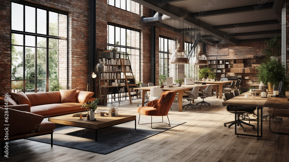 A modern office space with a mix of brick and parquet, creating a contemporary yet cozy work environment Generative AI A modern office space with a mix of brick and parquet, creating a contemporary yet cozy work environment Generative AI