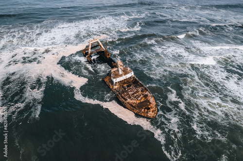 Aerial Drone View of Zeila Shipwreck in Ocean, Skeleton Coast in Namibia,Africa photo