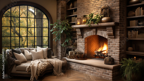 A cozy fireplace nook with a brick surround and a wooden parquet floor  creating a comforting retreat Generative AI