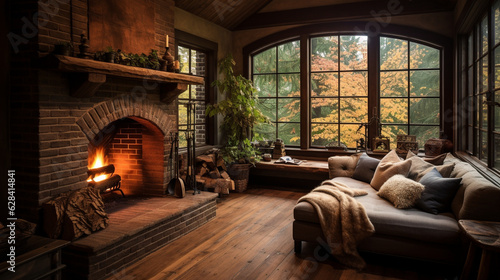A cozy fireplace nook with a brick surround and a wooden parquet floor, creating a comforting retreat Generative AI