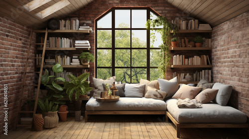 A charming reading nook with a built-in brick bookshelf and a plush parquet floor Generative AI © Наталья Евтехова