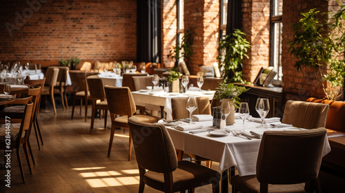 A sophisticated restaurant with a mix of brick walls and a classic parquet floor  offering an elegant dining experience Generative AI