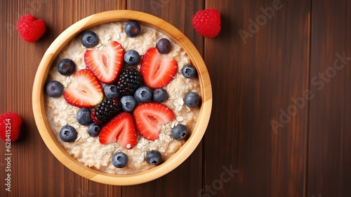 Healthy overnight oat topping with fresh fruit on table. photo