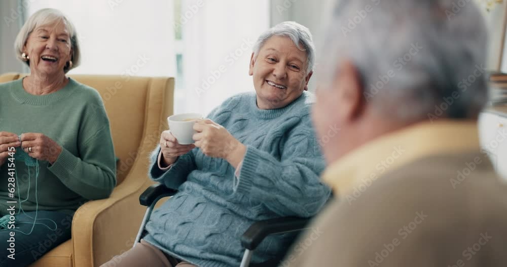 Discussion, happy and elderly friends talking, bonding and relaxing together in the living room. Conversation, laughing and senior people in retirement speaking about gossip in lounge at nursing home Discussion, happy and elderly friends talking, bonding and relaxing together in the living room. Conversation, laughing and senior people in retirement speaking about gossip in lounge at nursing home