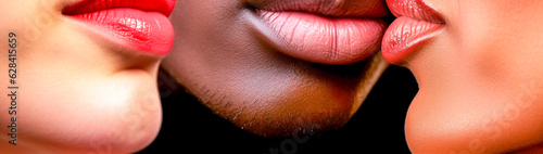 polygamy concept, detail of lips people different skin colors touching each other, kiss banner made with Generative AI photo
