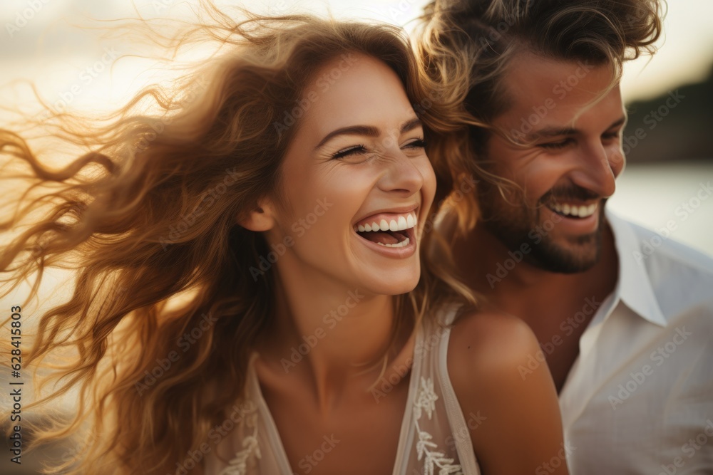 Closed up Happy couple together with lovely moment at beach golden hour.