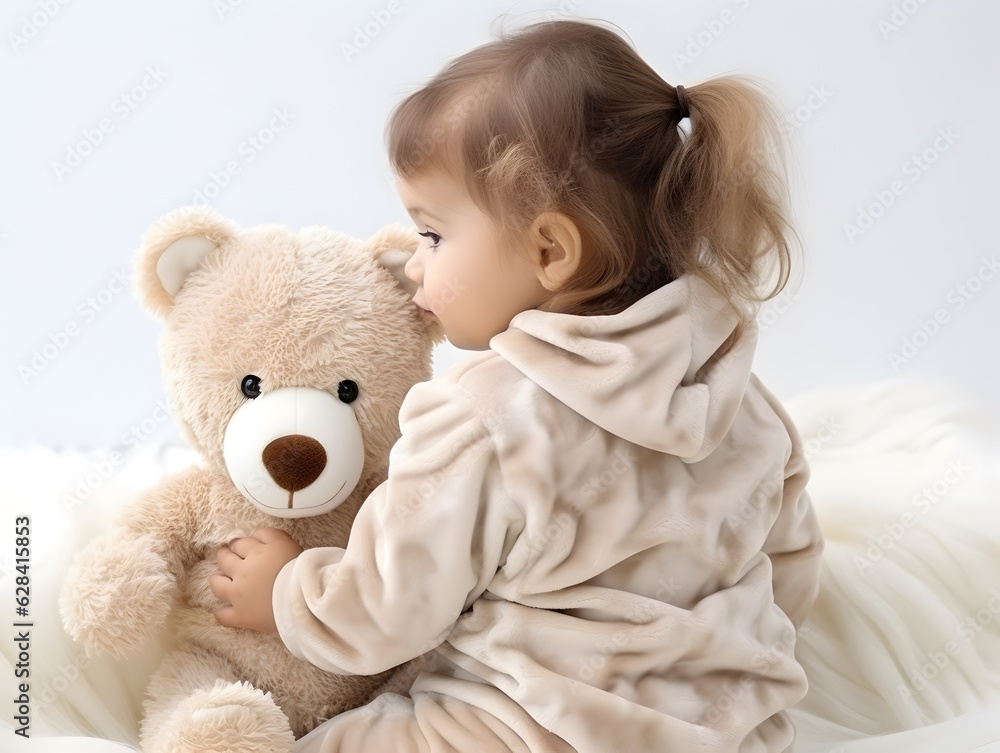 Cute little girl and her toy teddy bear. Friendship, best friend concept. Cute little girl and her toy teddy bear. Friendship, best friend concept.