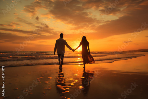 Happy couple together with lovely moment at beach golden hour. © ant