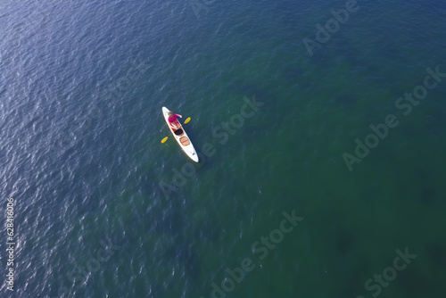 Top down view of kayaking in the lake.