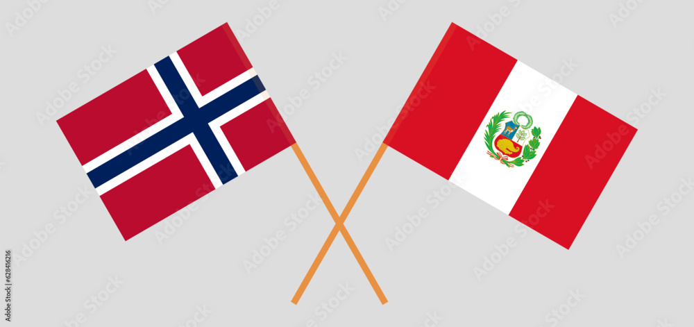 Crossed flags of Norway and Peru. Official colors. Correct proportion