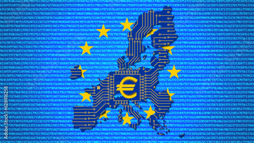 Vector 3D European digital euro symbol. Map of the European Union in the colors of the national flag and with a computer scheme. Against the background of pixel numbers.