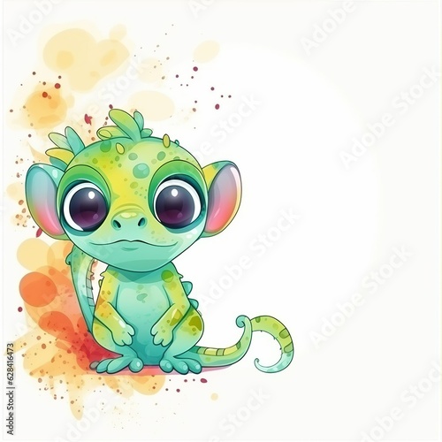 Cute Cartoon chameleon Banner with space for copy white background generative AI