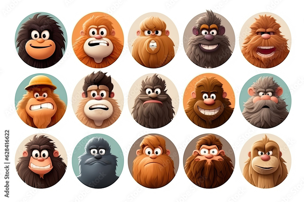 Collection of cartoon cute funny brown bigfoot avatars. Modern stylish characters of yeti  heads for profile page, social network and messaging app